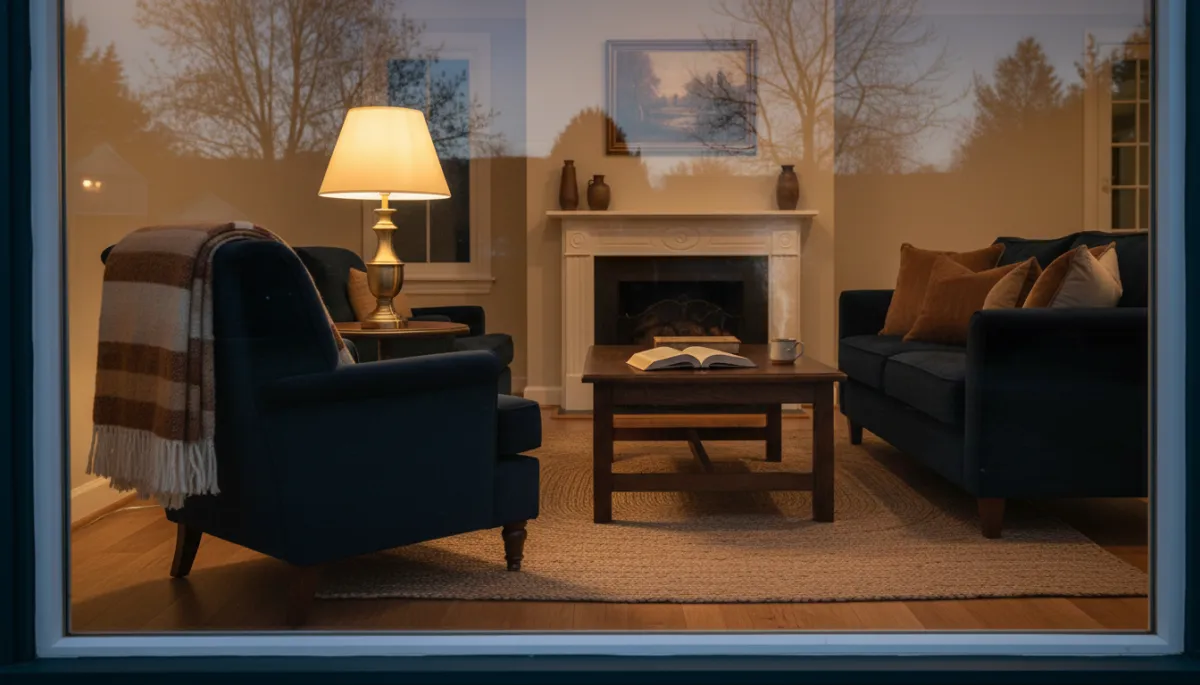 Photorealistic view of a cozy lit living room seen from outside at night