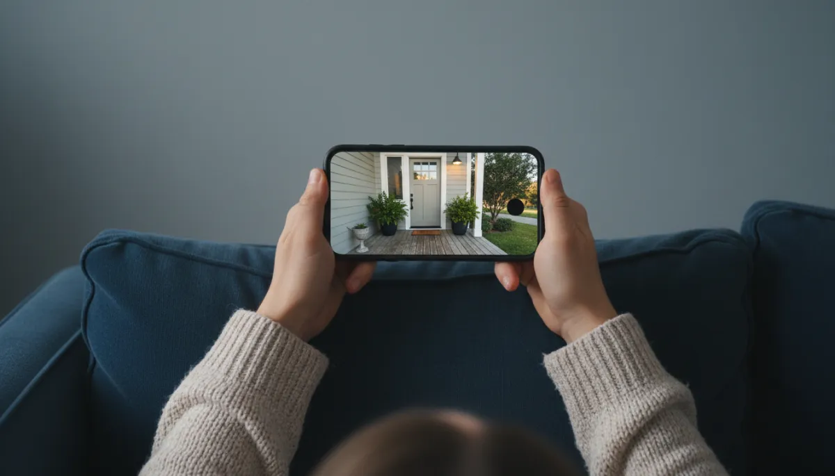 Photorealistic view of a smartphone displaying a home security camera feed
