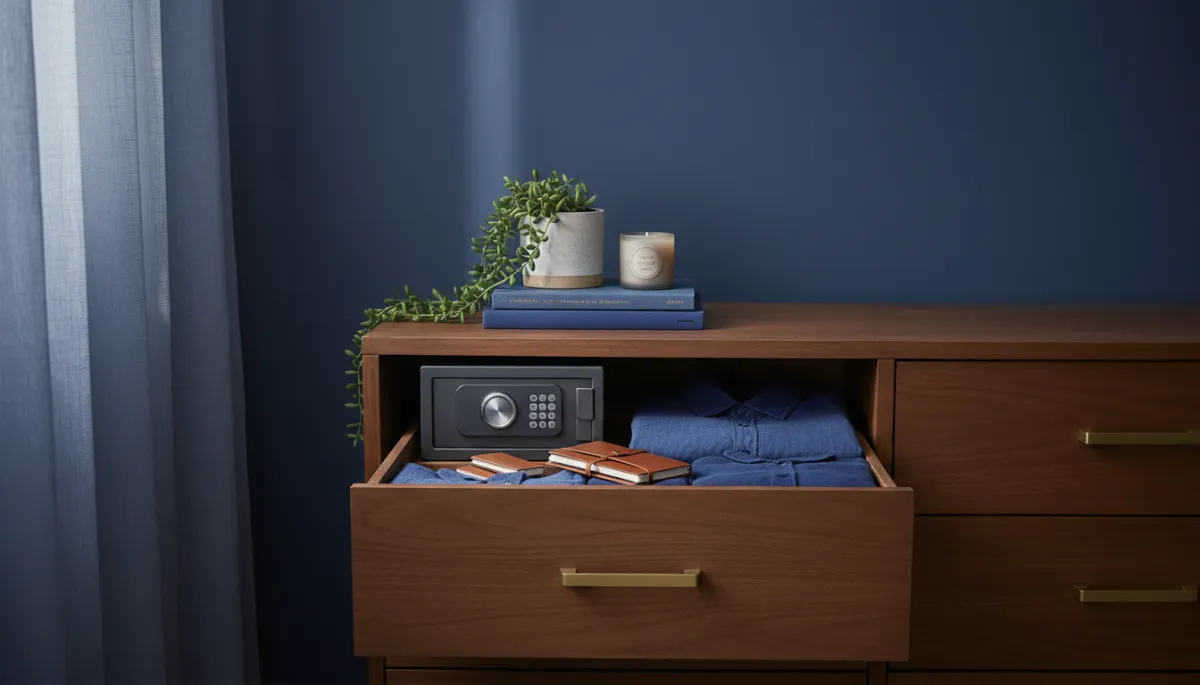 Photorealistic view of a small safe tucked into a bedroom drawer