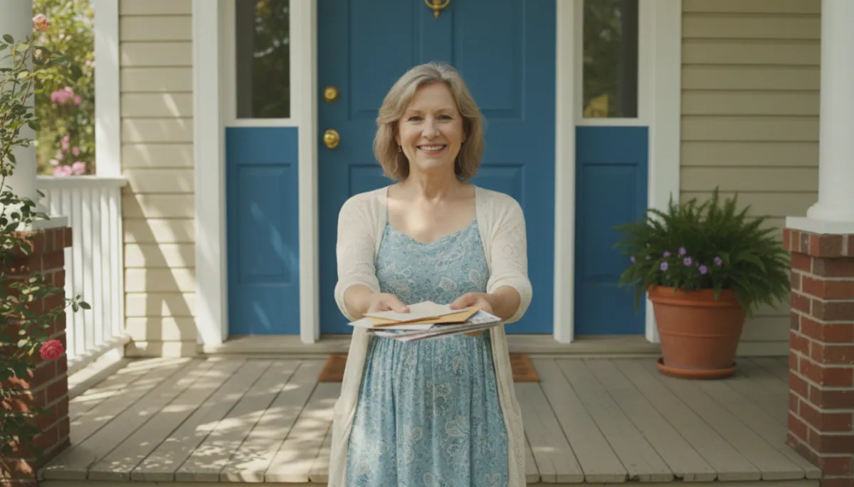 Photorealistic view of a neighbor collecting mail from a friend's front porch
