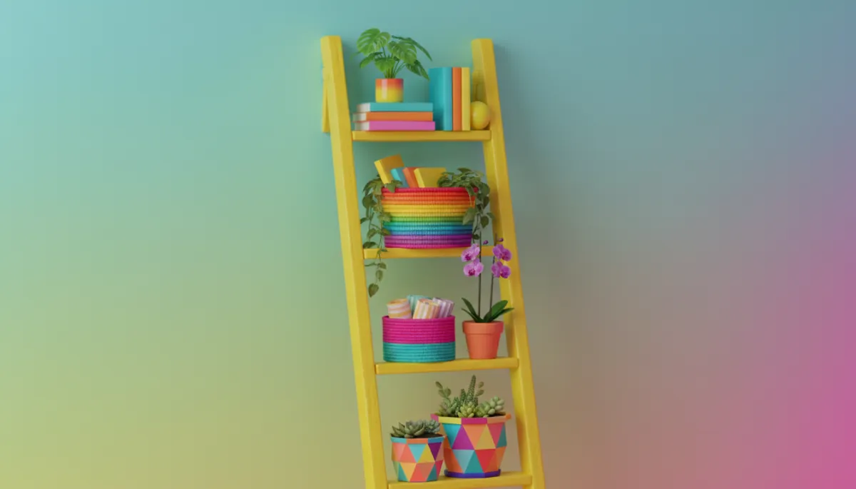 Upcycled wooden ladder painted yellow and used as a decorative shelf Upcycled wooden ladder painted yellow and used as a decorative shelf