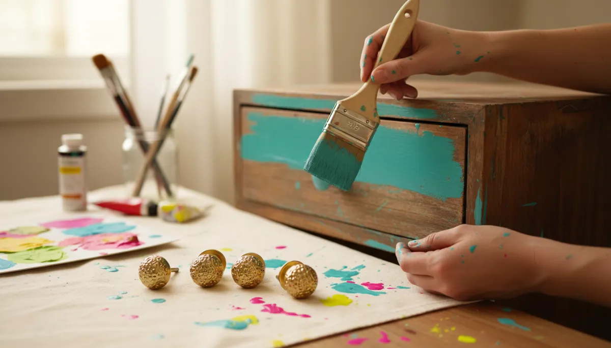 Hands painting an old wooden nightstand a bright teal color during an upcycling project Hands painting an old wooden nightstand a bright teal color during an upcycling project