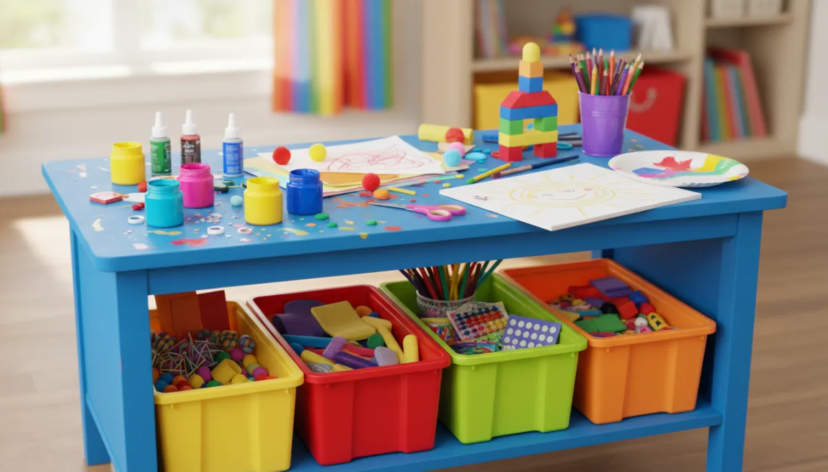 Upcycled coffee table painted bright blue and used as a kids’ craft station Upcycled coffee table painted bright blue and used as a kids’ craft station