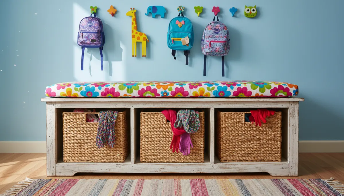 Old dresser transformed into a bright storage bench in an entryway Old dresser transformed into a bright storage bench in an entryway