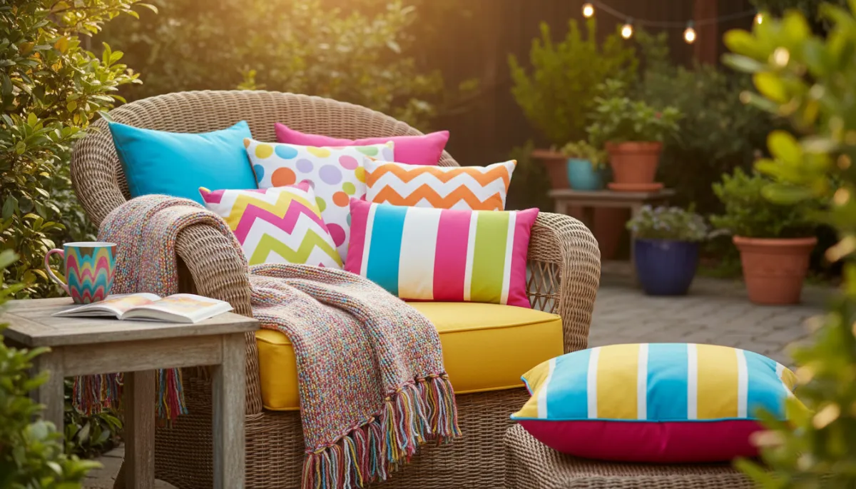 photorealistic close-up of a cozy backyard lounge chair with colorful cushions, a throw blanket, a book, and a mug on a small side table, playful brights color palette photorealistic close-up of a cozy backyard lounge chair with colorful cushions, a throw blanket, a book, and a mug on a small side table, playful brights color palette