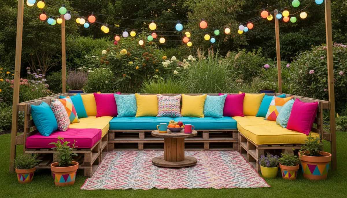 photorealistic backyard seating area with DIY pallet sofa, colorful cushions, outdoor rug, and string lights in playful brights colors photorealistic backyard seating area with DIY pallet sofa, colorful cushions, outdoor rug, and string lights in playful brights colors