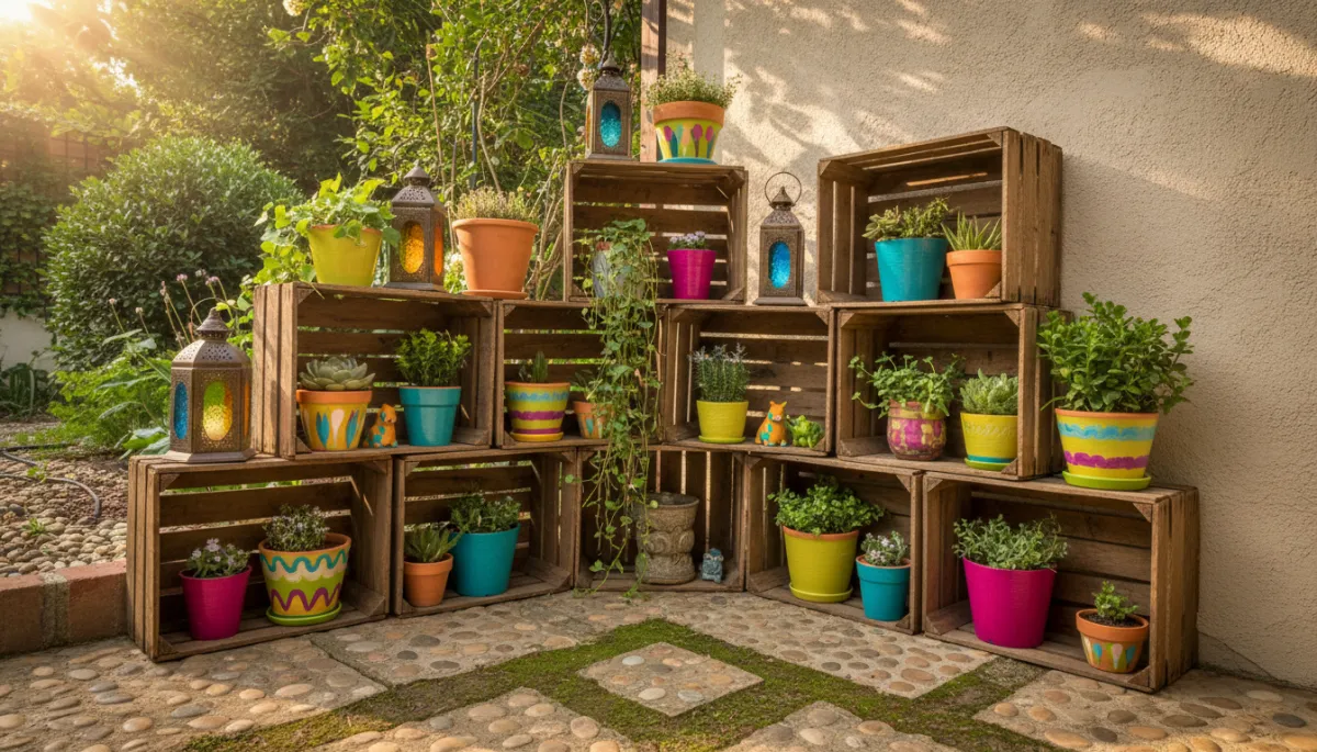 photorealistic backyard corner with stacked wooden crates as shelves, potted plants, lanterns, and painted pots in playful brights colors photorealistic backyard corner with stacked wooden crates as shelves, potted plants, lanterns, and painted pots in playful brights colors