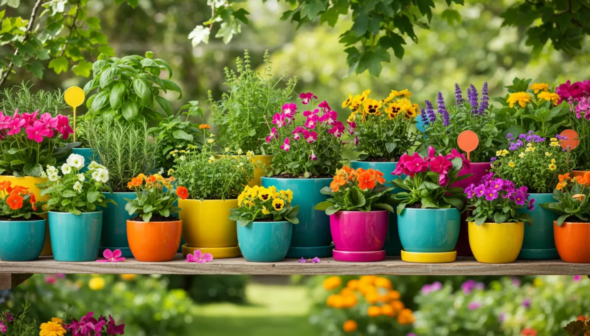 photorealistic close-up of colorful potted plants and herbs arranged on a small wooden shelf in a backyard, playful brights color palette with turquoise pots and bright flowers photorealistic close-up of colorful potted plants and herbs arranged on a small wooden shelf in a backyard, playful brights color palette with turquoise pots and bright flowers