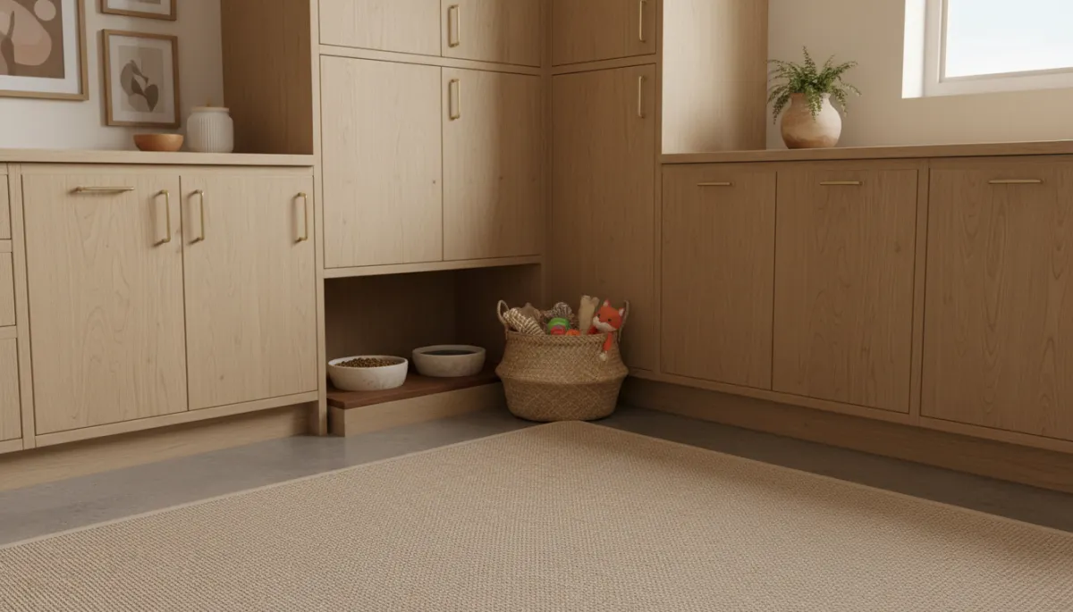 Stylish built-in feeding station in a warm neutral kitchen