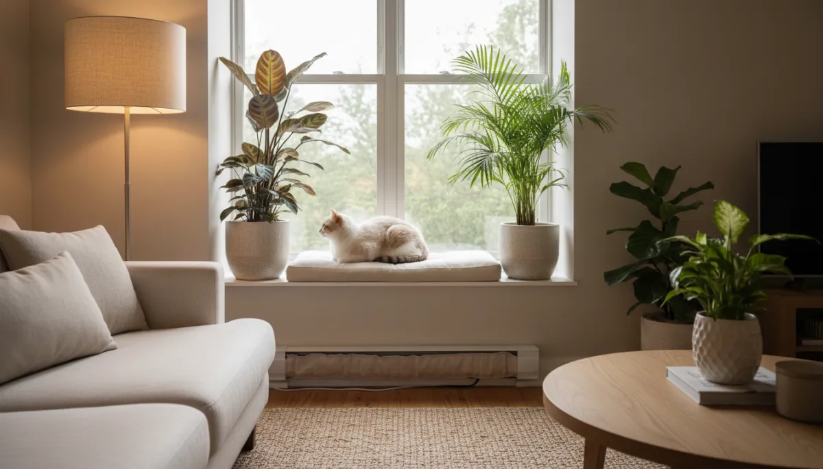 Cat lounging safely near plants and concealed cords in a cozy living room