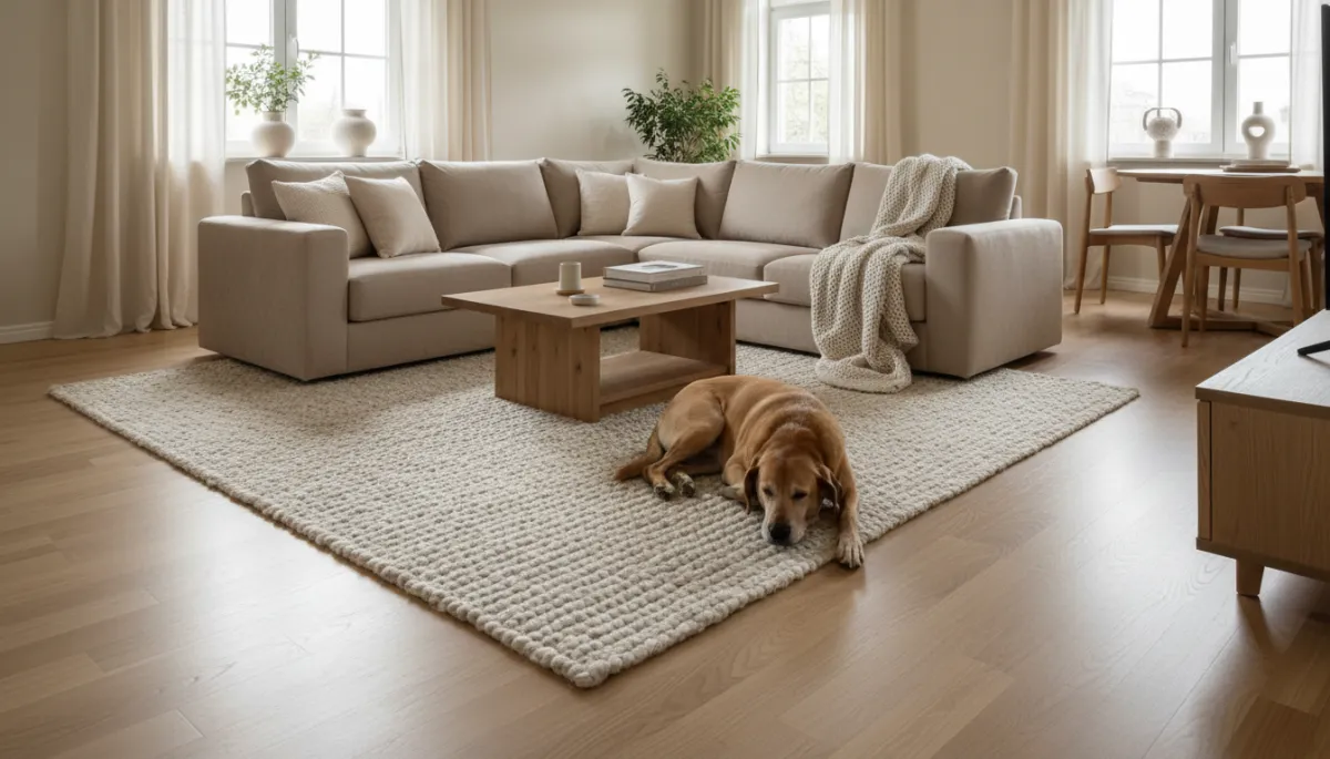 Dog relaxing on a warm neutral rug in a stylish living room