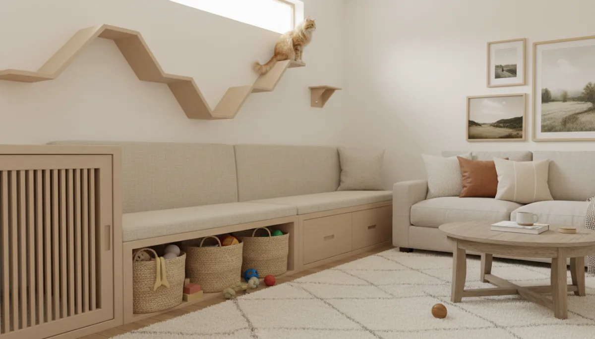 Family room with built-in pet spaces and warm neutral decor