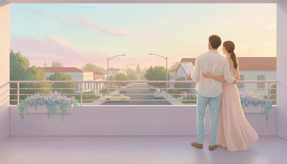 Couple on a balcony overlooking a neighborhood, reviewing home buying notes in pastel tones Couple on a balcony overlooking a neighborhood, reviewing home buying notes in pastel tones