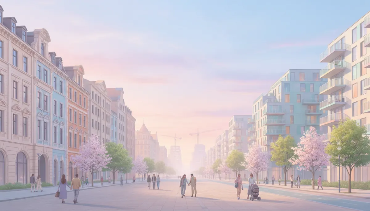 City neighborhood with a mix of historic and new buildings in pastel evening light City neighborhood with a mix of historic and new buildings in pastel evening light