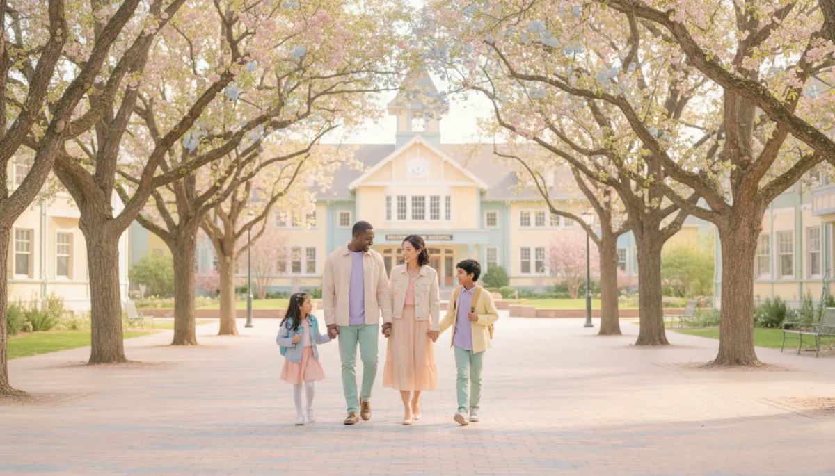 Family walking along a quiet neighborhood street toward a nearby school in soft pastel tones Family walking along a quiet neighborhood street toward a nearby school in soft pastel tones