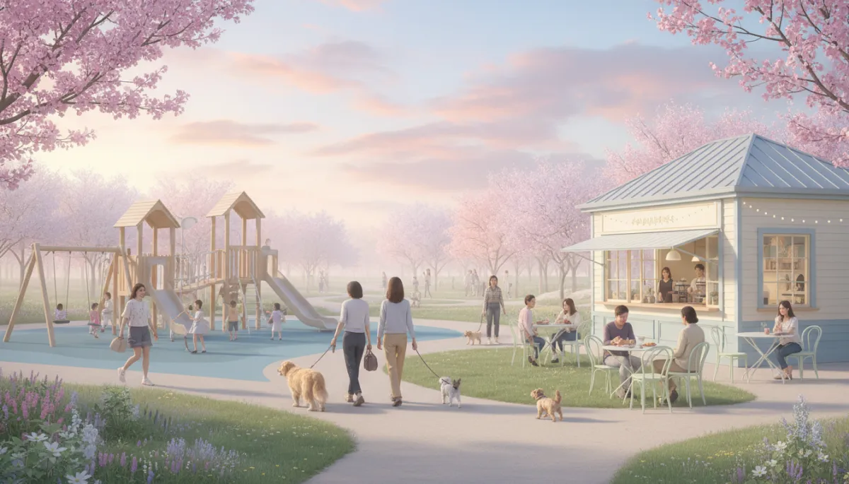 Neighborhood park with playground, walking paths, and a nearby café in soft pastel tones Neighborhood park with playground, walking paths, and a nearby café in soft pastel tones