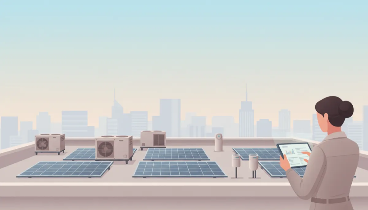 Rooftop of commercial office building with solar panels and electric HVAC equipment in a professional neutral style Rooftop of commercial office building with solar panels and electric HVAC equipment in a professional neutral style