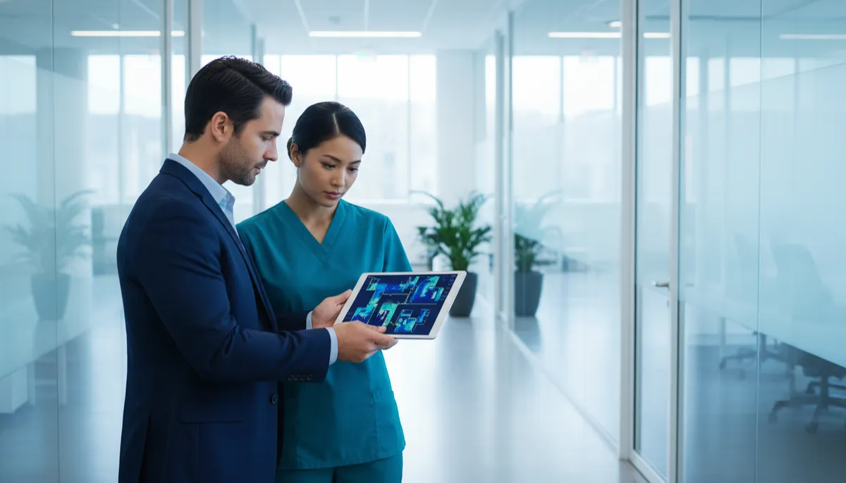 Facility manager reviewing fluorescent-marker audit results on a tablet