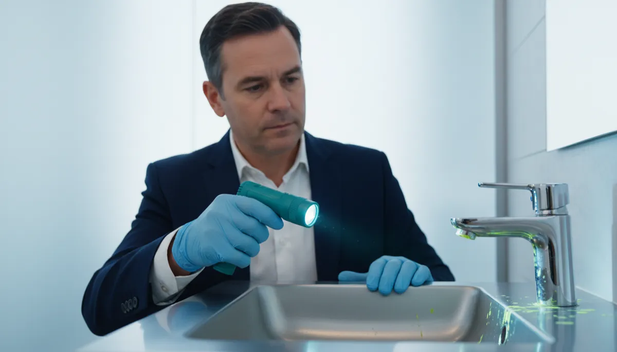 Facility manager inspecting fluorescent markers with UV light on restroom fixtures