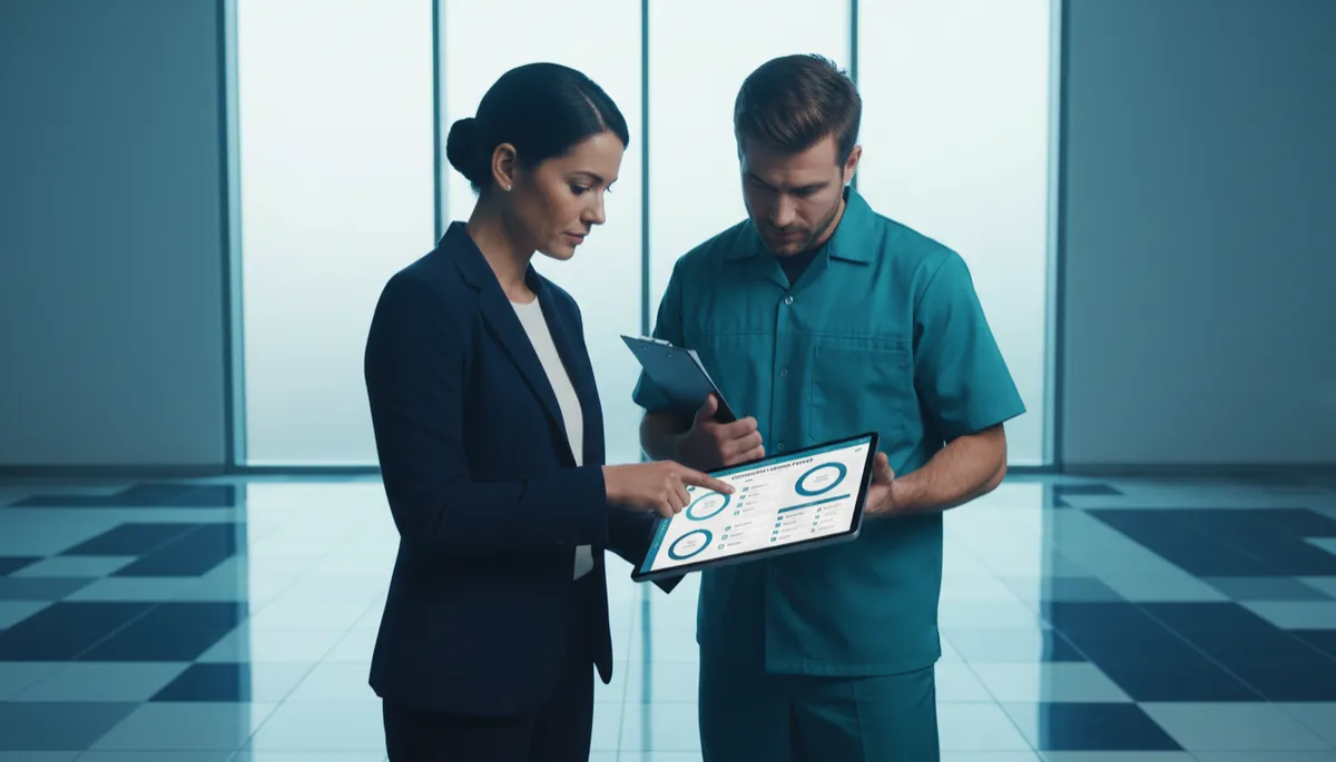 Facility manager and cleaning supervisor reviewing corrective-action reports on a tablet