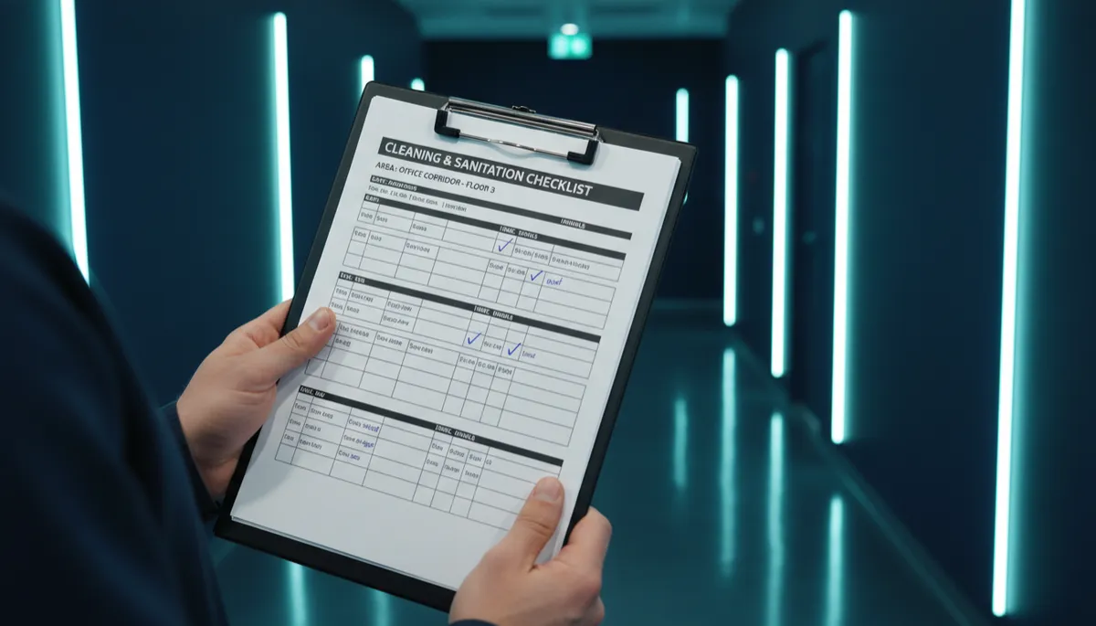 Facility manager reviewing printed cleaning logs in a commercial corridor