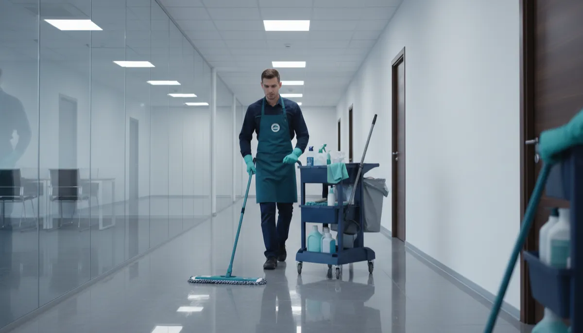 Professional cleaner working in an office corridor with modern equipment