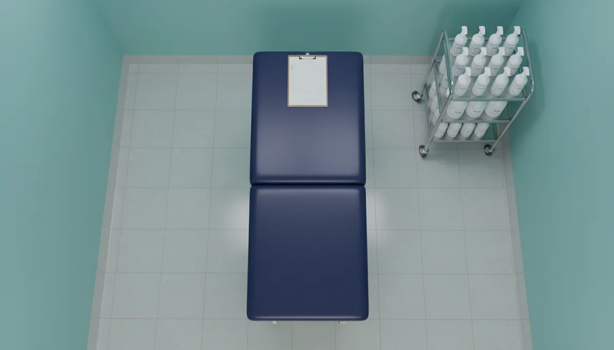 Organized cleaning cart and spotless exam room ready for patients