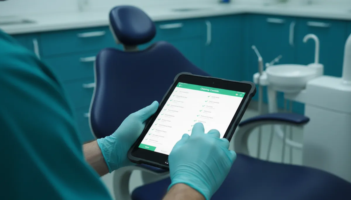 EVS technician documenting cleaning tasks on a tablet in a dental operatory