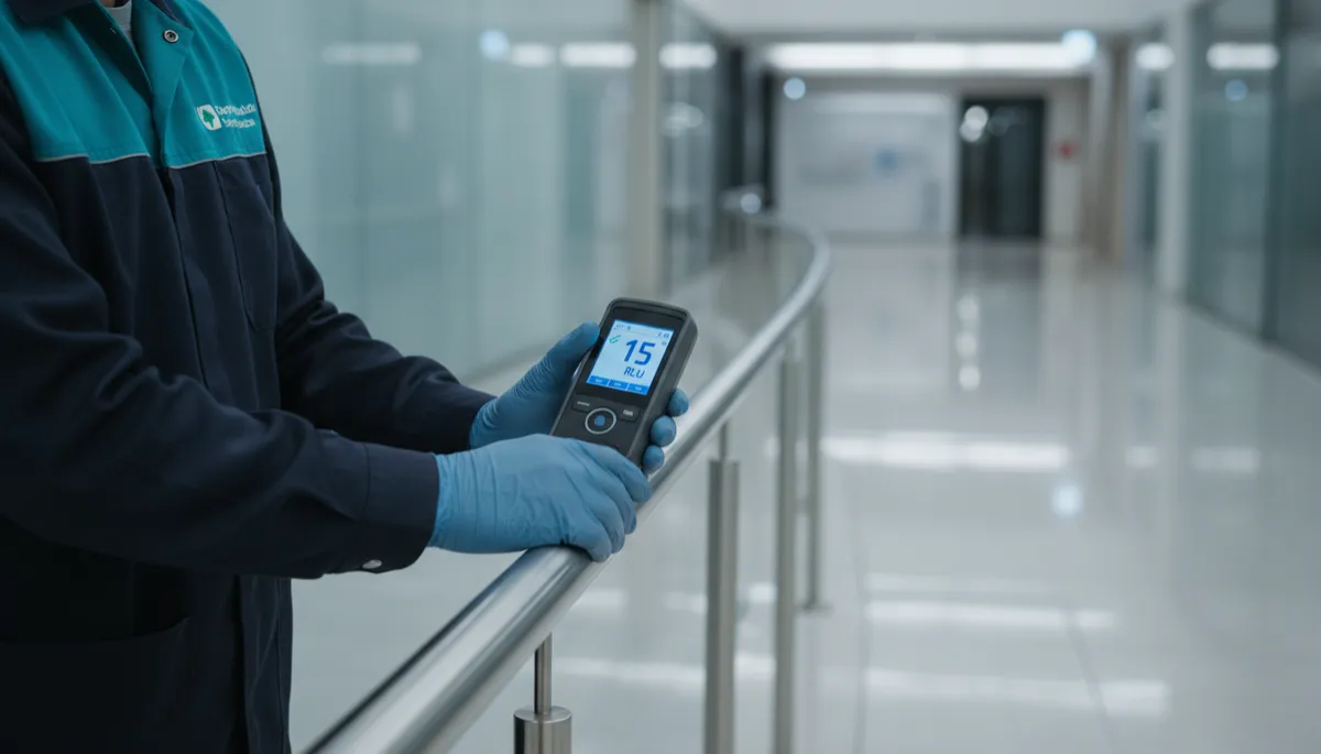 Technician using an ATP meter to verify surface hygiene on a handrail