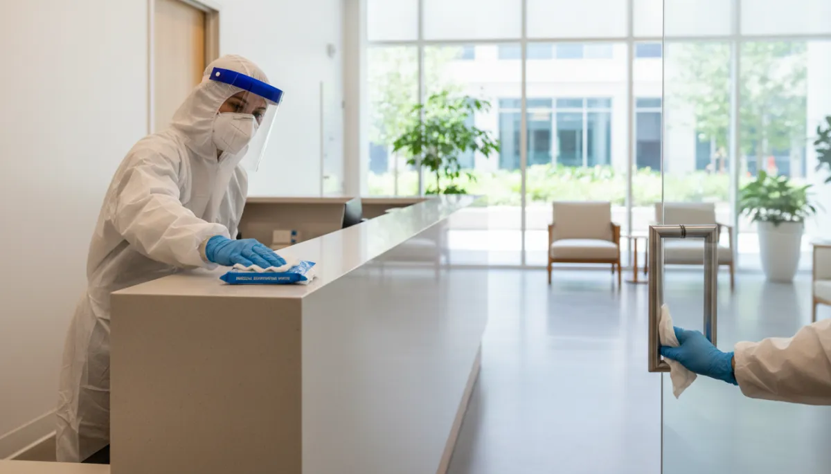 Cleaner disinfecting high-touch surfaces in a clinic reception area