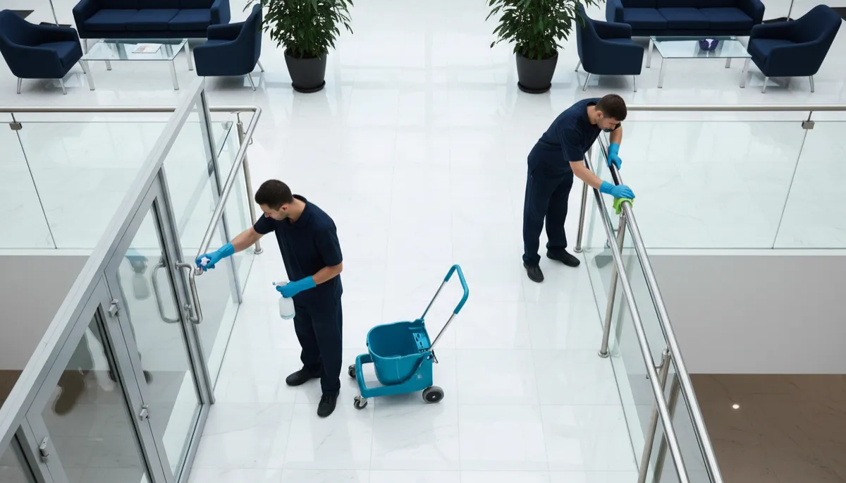 photorealistic overhead view of a professional cleaner applying invisible fluorescent gel to high-touch door handles and railings in a bright commercial lobby, deep navy uniforms and clinical teal cleaning cart accents, under soft white lighting