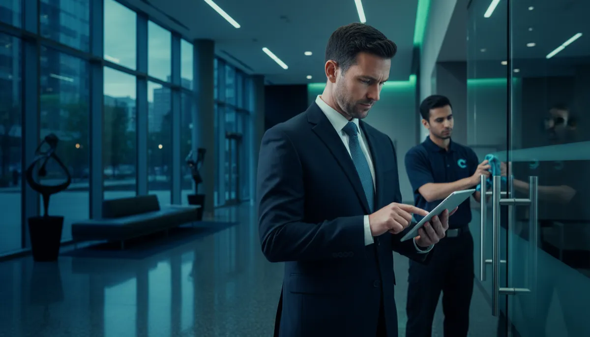 photorealistic wide shot of a modern commercial lobby in deep navy and clinical teal tones, large windows, polished floors, a facility manager reviewing a digital cleaning checklist on a tablet while a cleaning technician in branded uniform wipes a high-touch surface in the background