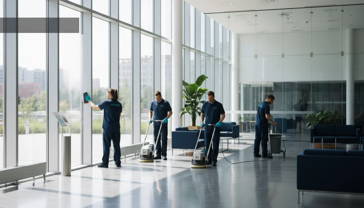 photorealistic wide shot of a professional cleaning team in branded uniforms cleaning a modern commercial lobby with glass walls, deep navy and clinical teal accents throughout the space, bright natural light, subtle text overlay area in upper left