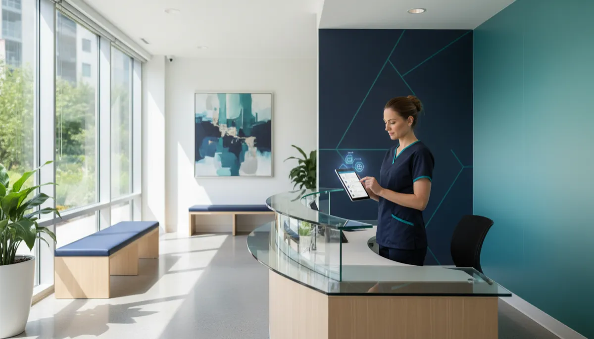 photorealistic wide shot of a spotless medical clinic reception area with glass check-in desk, deep navy and clinical teal accents, professional EVS staff member in teal scrubs reviewing a digital cleaning checklist on a tablet, bright natural light, minimal modern decor