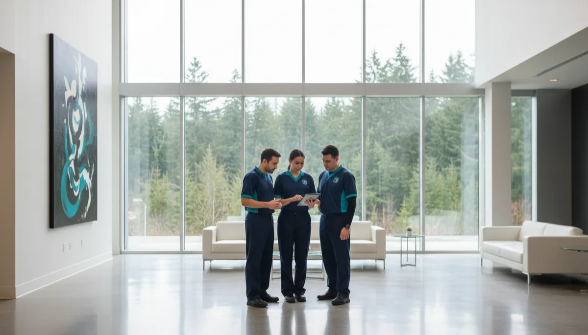 photorealistic wide shot of a spotless modern commercial lobby in Washington State, with tall glass windows, subtle view of evergreen trees outside, and a professional cleaning team in branded uniforms reviewing a digital hygiene checklist on a tablet; clean, bright, minimal style using deep navy and clinical teal accents on uniforms and signage