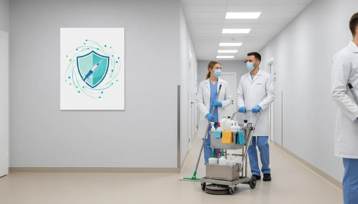 photorealistic neutral-toned scene of professional cleaning staff in medical clinic corridor wearing uniforms and masks, with a healthcare vaccination poster visible on the wall