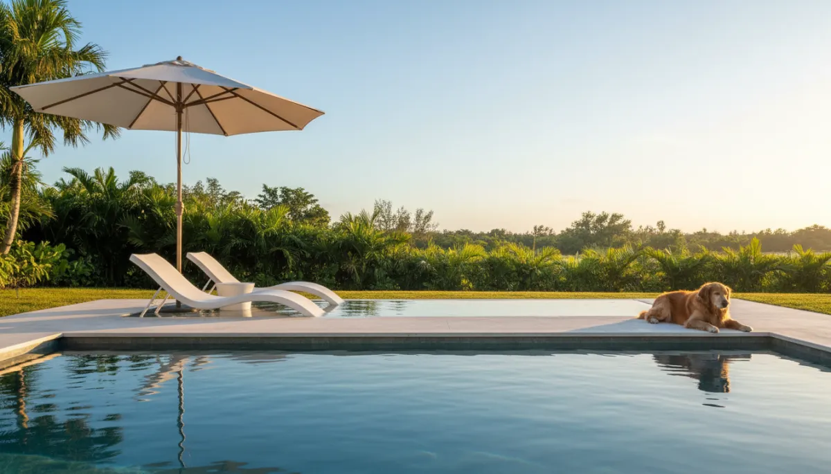 Tanning ledge furniture and umbrella on a custom gunite pool Tanning ledge furniture and umbrella on a custom gunite pool