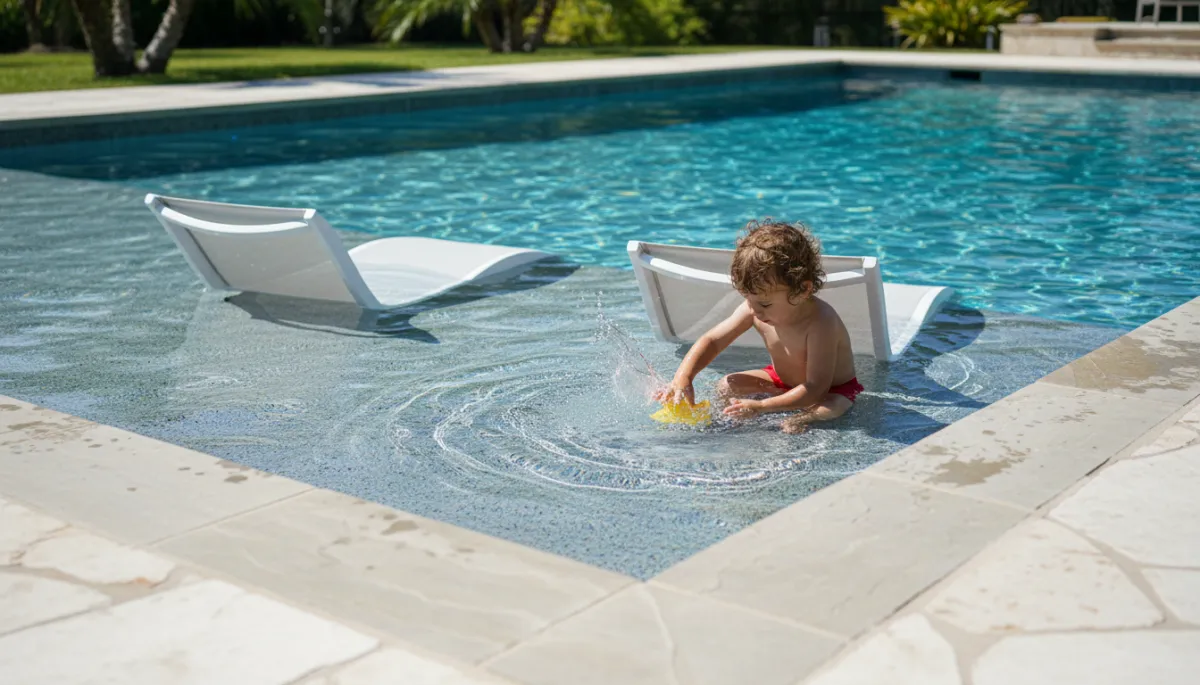 Tanning ledge with loungers and child playing in shallow water Tanning ledge with loungers and child playing in shallow water