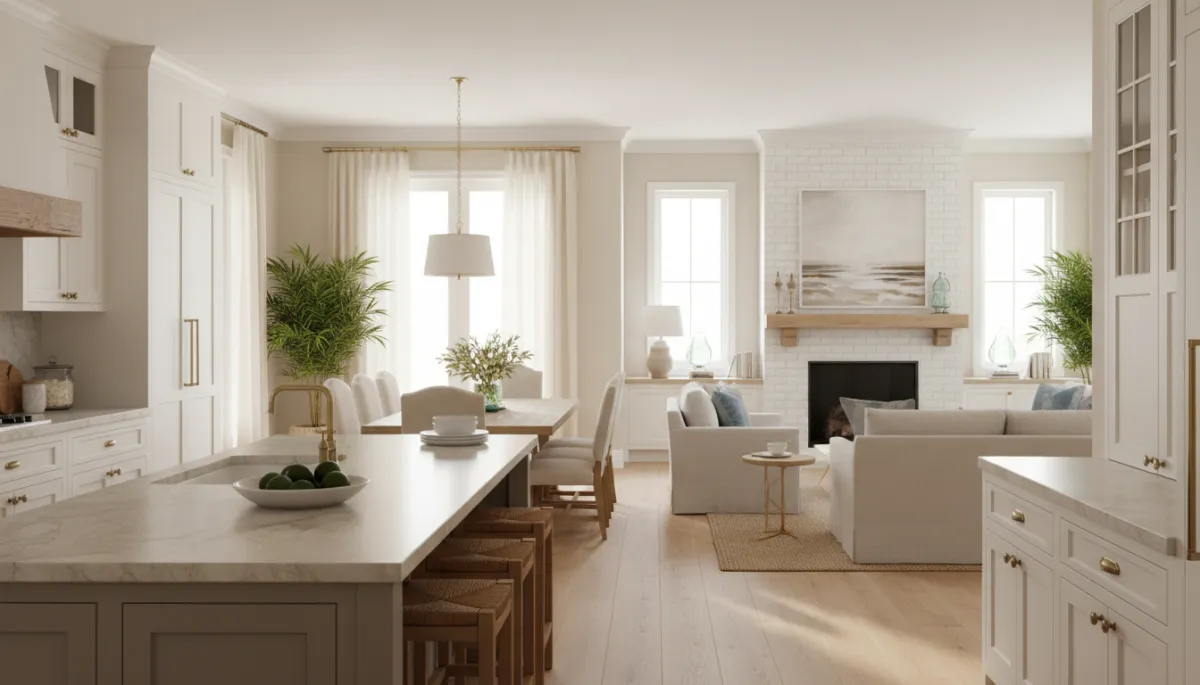 photorealistic wide-angle view of a warm neutral toned open-concept kitchen and living area in a Jacksonville-style home, featuring a remodeled kitchen with stone countertops, updated cabinets, and a cozy fireplace in the background, natural daylight streaming through large windows, coastal yet timeless decor