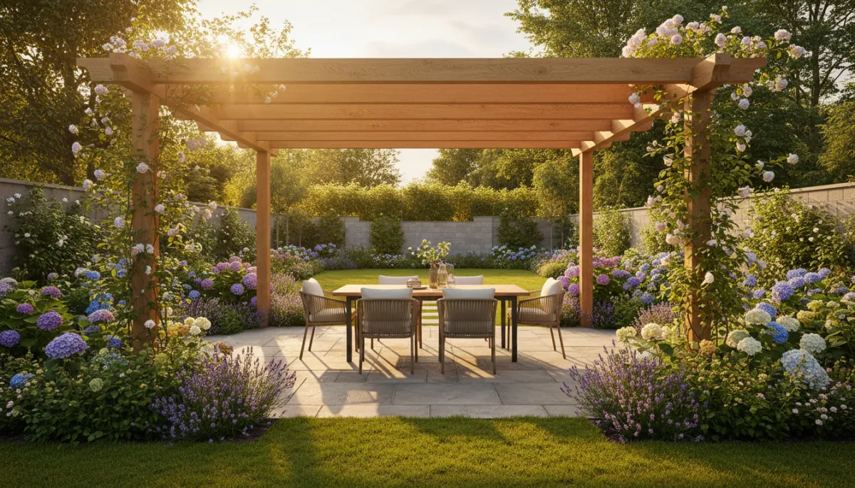 photorealistic scene of a beautifully crafted timber pergola in a stylish Dublin suburban garden, late afternoon golden light filtering through overhead timber beams, natural stone patio beneath, lush green planting and flowering borders around the edges, contemporary outdoor dining set under the pergola, warm inviting atmosphere, 16:9 landscape composition