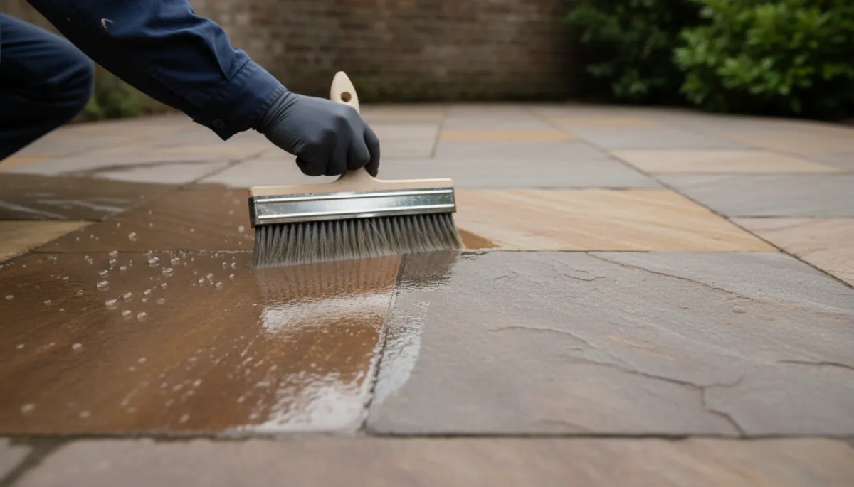 photorealistic close-up of a rich-toned natural stone patio in Dublin being sealed, a professional hand using a wide brush applicator to apply clear sealer to textured sandstone or limestone, with one section already sealed showing deeper colour and droplets of water beading on the surface, soft neutral evening light, clean and professional atmosphere