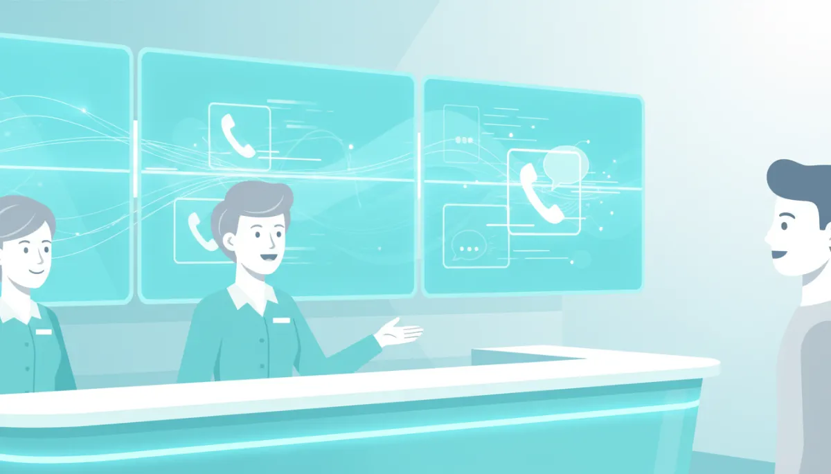 Calm reception desk where AI handles calls while staff greet customers