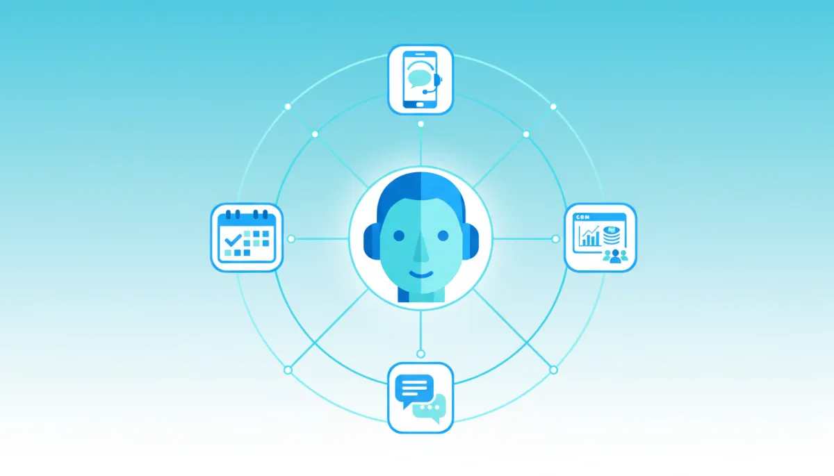 Modern clean illustration of AI receptionist integrated with business communication tools