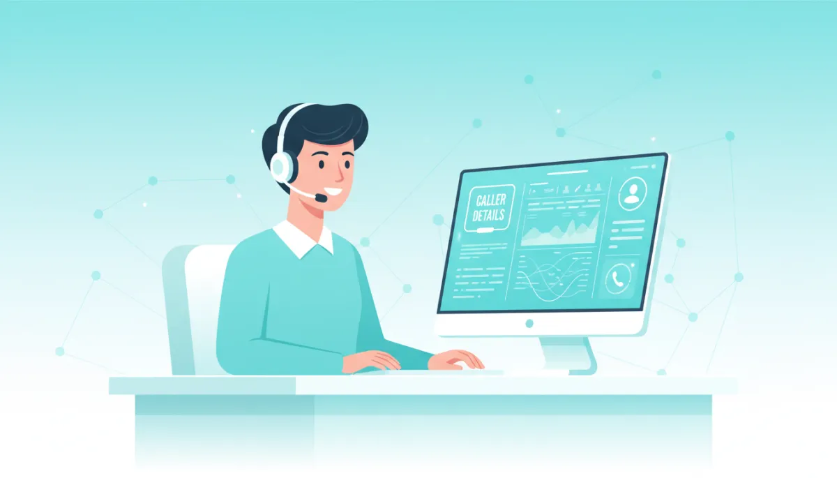 Modern clean illustration of a staff member receiving a call routed by AI