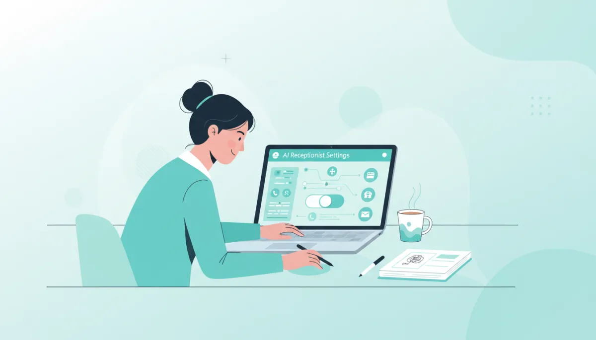 Modern clean illustration of a small business owner configuring an AI receptionist
