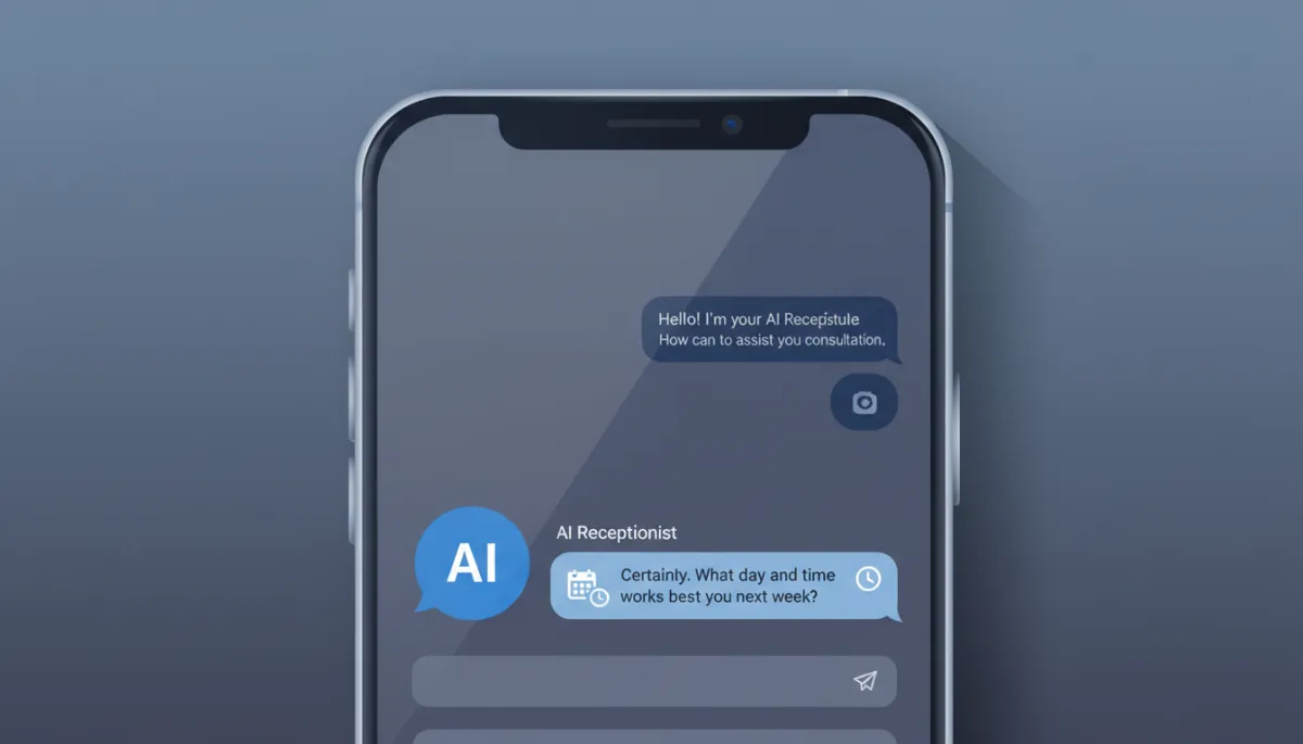 Smartphone screen showing an AI receptionist chat scheduling an appointment