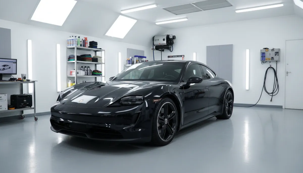 photorealistic dark luxury sedan parked in front of a modern automotive studio at dusk, neutral color palette, gleaming paint with crisp reflections, subtle city skyline in background, soft studio lighting highlighting flawless, protected finish