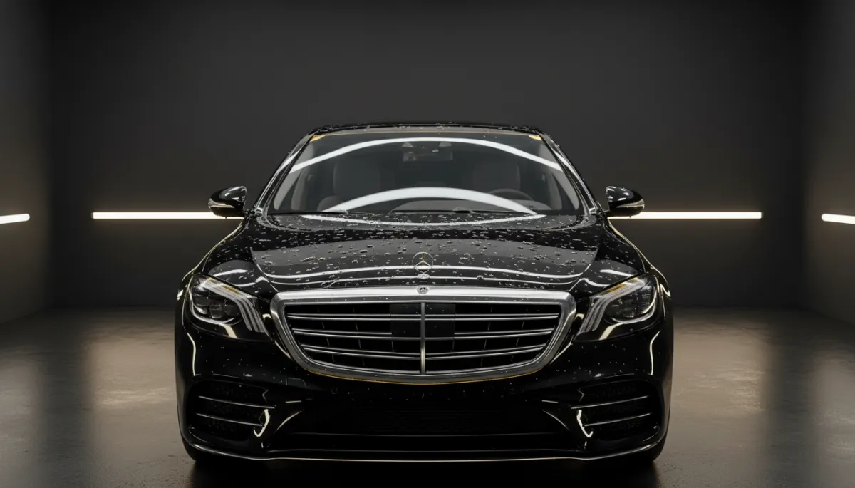 Luxury sedan in dramatic studio lighting showing hydrophobic ceramic coated surface