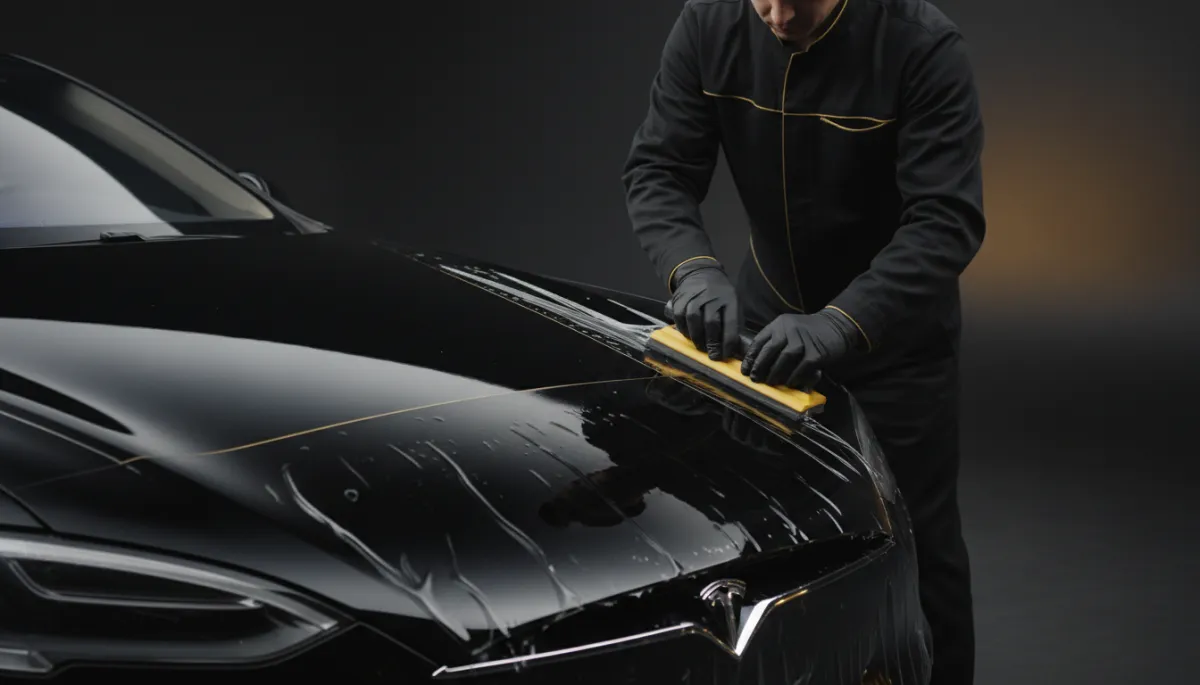 Technician applying XPEL paint protection film to a black Tesla hood in a black and gold studio