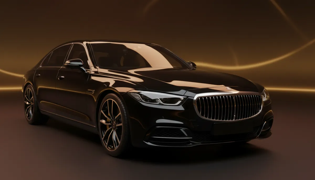 Luxury sedan with clear bra installed in a dark studio setting